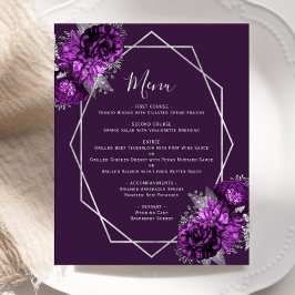 Cardápio de Casamento Floral Roxo Geométrico Prata