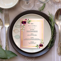 Cardápio de Casamento flores rosa dourado borgonha