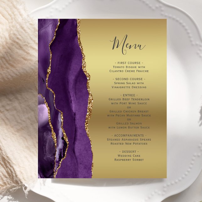 Cardápio de Casamento Glamour Ágata Roxa com Folha (Criador carregado)
