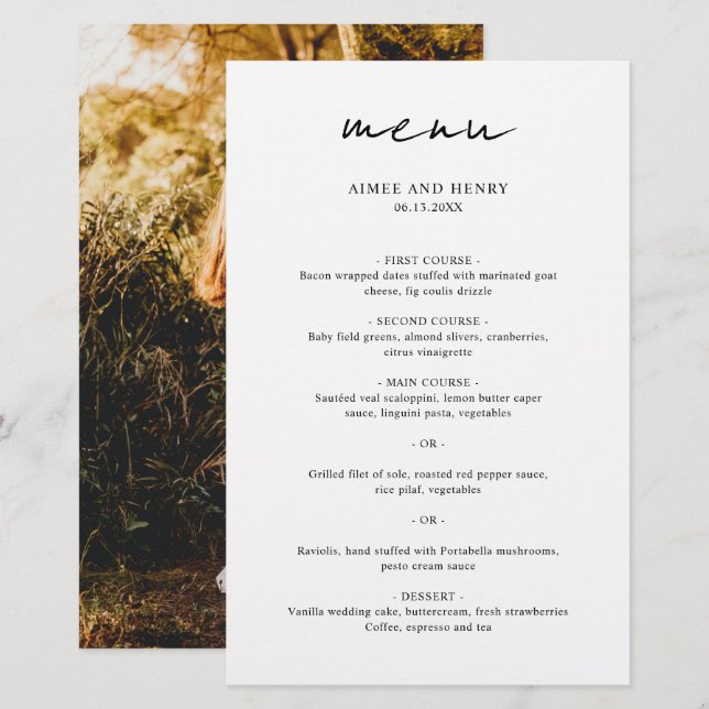 Cardápio de Casamento Moderno com Foto em Letra Rú (Frente/Verso)