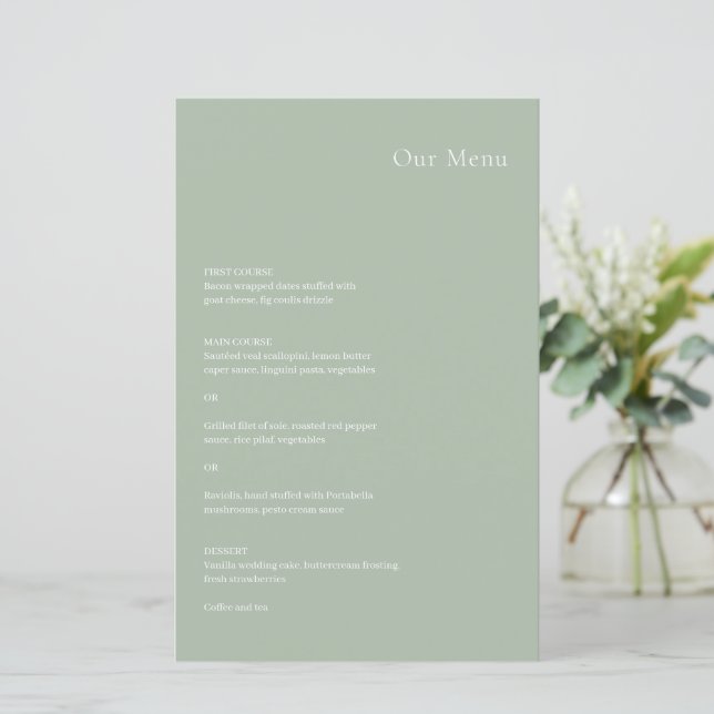 Cardápio de Casamento Moderno em Verde Sage Elegan (Em pé/Frente)