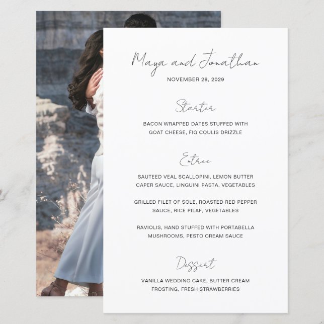 Cardápio de Casamento Moderno Foto Elegante (Frente/Verso)