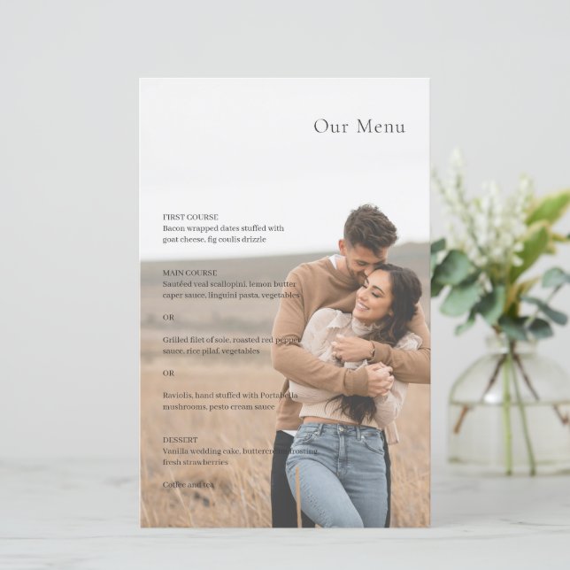 Cardápio de Casamento Moderno Foto Preto e Branco  (Em pé/Frente)