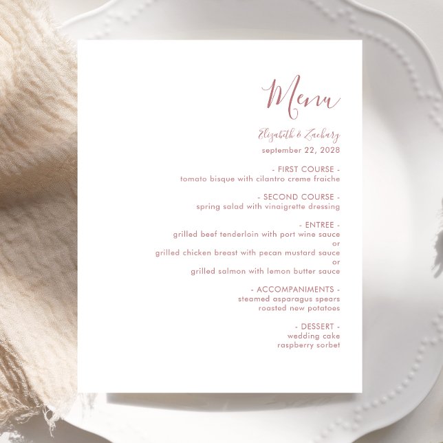 Cardápio de Casamento Moderno Rosa Po dusty em Scr (Criador carregado)