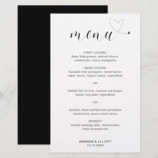 Cardápio de Casamento Moderno Simples Coração Fofo (Frente/Verso)