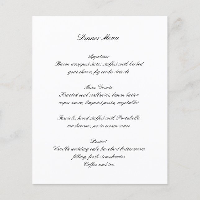 Cardápio de Casamento Preto e Branco Atemporal e E (Frente)