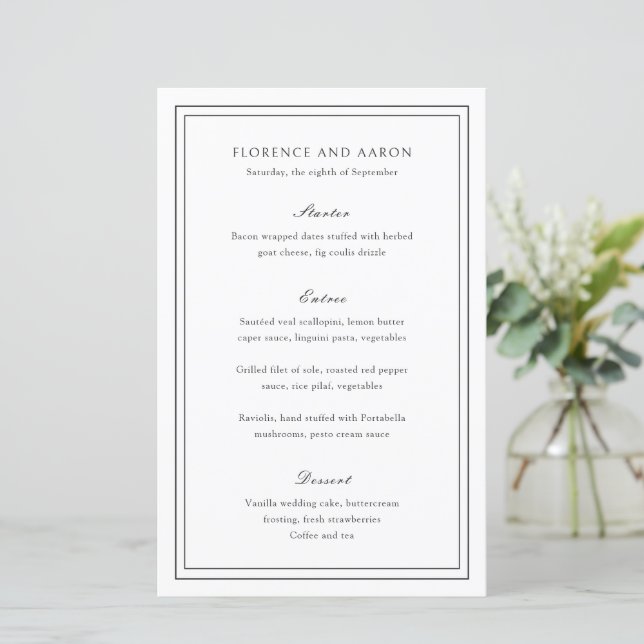 Cardápio de Casamento Preto e Branco Tradicional A (Em pé/Frente)