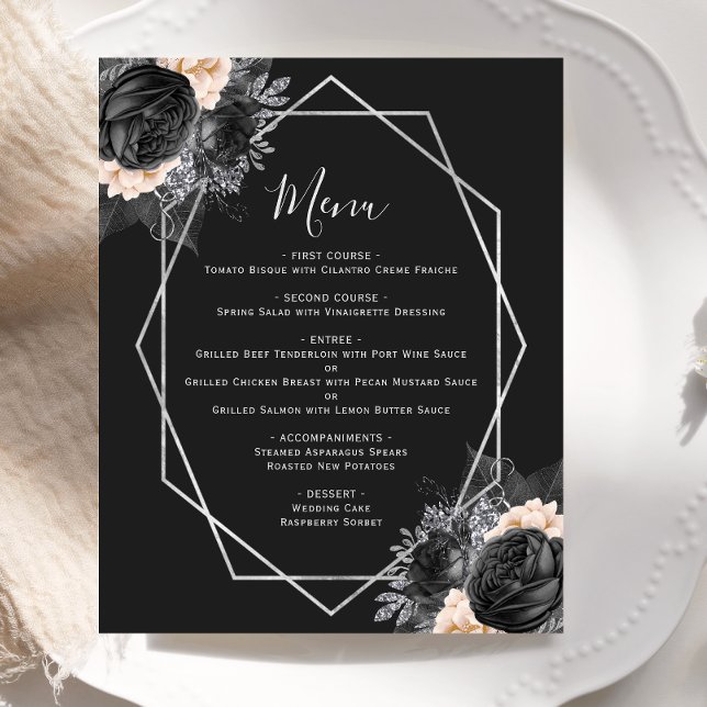 Cardápio de Casamento Preto Floral Pêssego em Prat (Criador carregado)