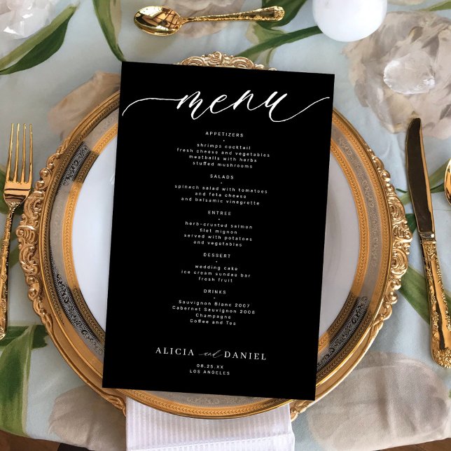 Cardápio de casamento romântico branco e preto eco (Criador carregado)