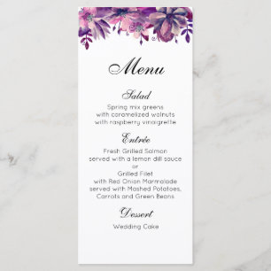 Cardápio de casamento roxo. Cor d'água do menu jan