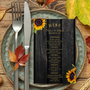 Cardápio de casamento rústico com girassóis chic e