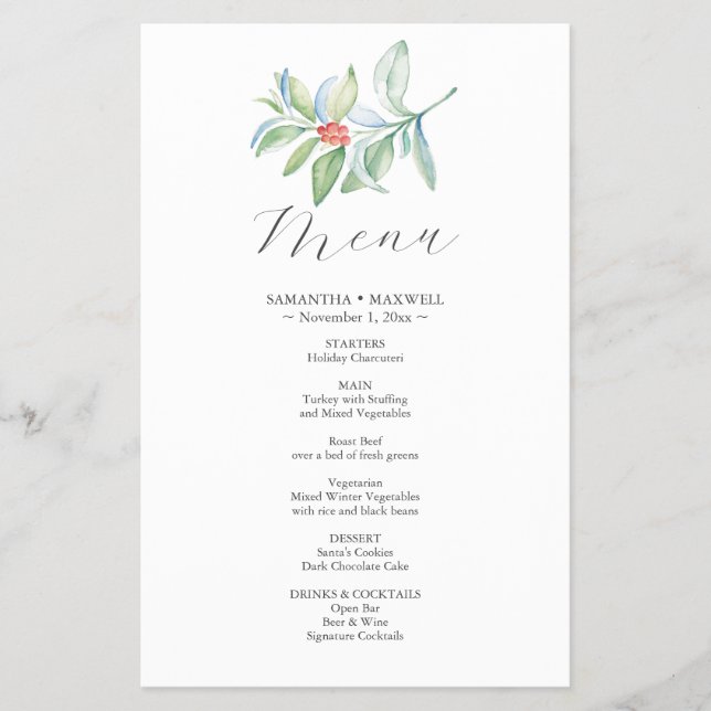 Cardápio de Casamento Simples com Botânicos de Inv (Frente)