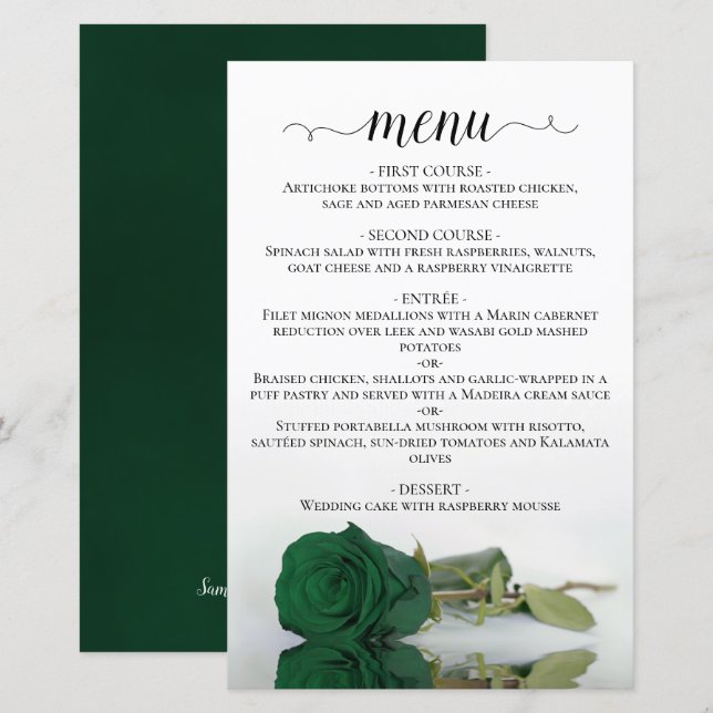 Cardápio de Casamento Simples com Rosa Verde Esmer (Frente/Verso)