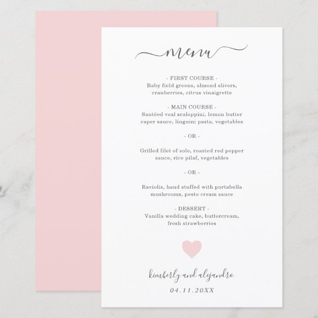 Cardápio de Casamento Simples Coração Rosa Fofo (Frente/Verso)