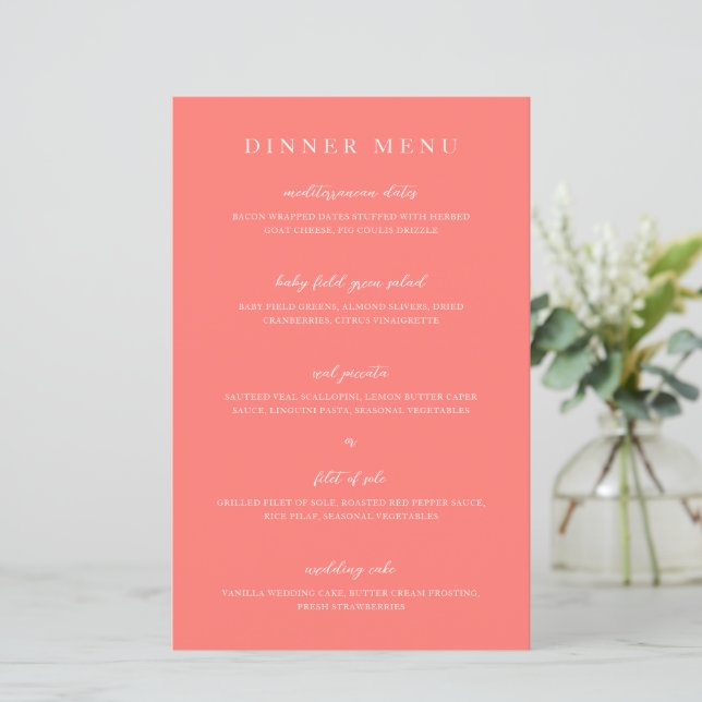 Cardápio de Casamento Simples Coral Vibrante Moder (Em pé/Frente)