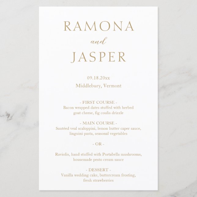 Cardápio de Casamento Simples Dourado Moderno (Frente)