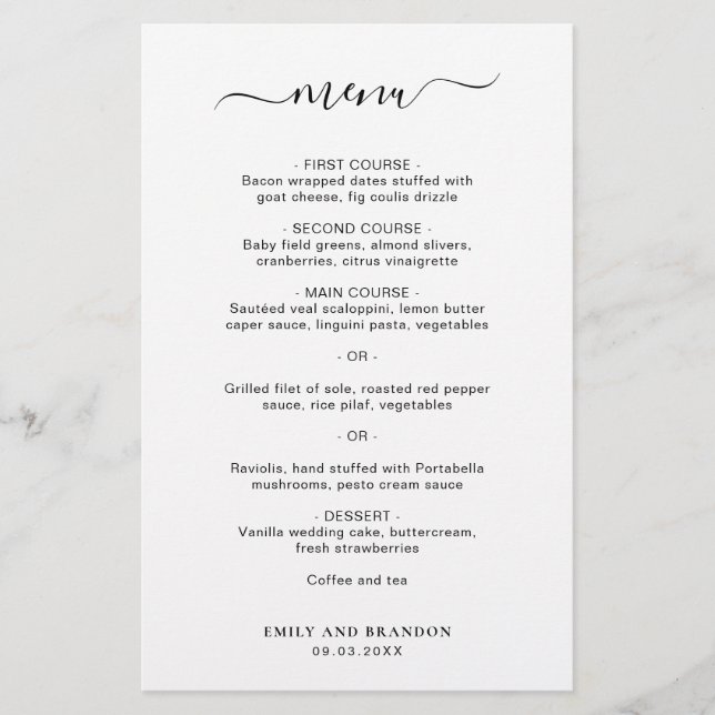 Cardápio de Casamento Simples e Elegante Moderno (Frente)