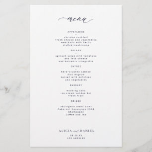 Cardápio de casamento simples meia-noite azul mari