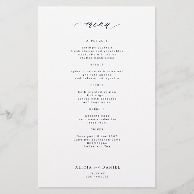 Cardápio de casamento simples meia-noite azul mari (Frente)