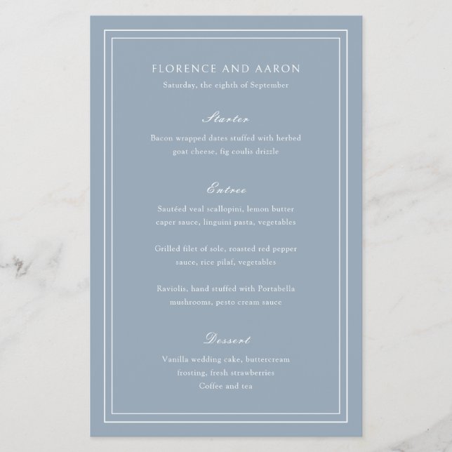 Cardápio de Casamento Tradicional em Azul Poeirent (Frente)