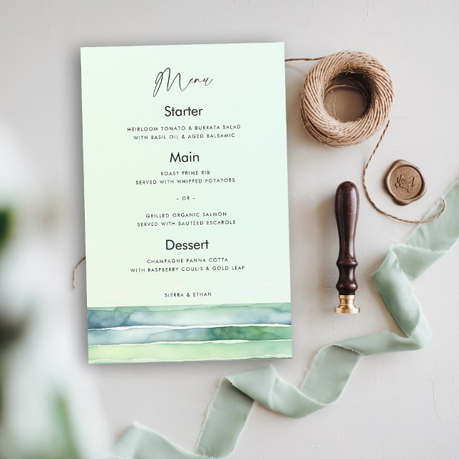 Cardápio de Casamento Verde Mar da Piscina de Maré (coastal wedding menu green theme tide pool sea sage modern elegant calligraphy beach ocean)