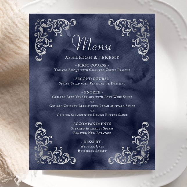 Cardápio de Casamento Vintage Prata Orçamento Azul (Criador carregado)