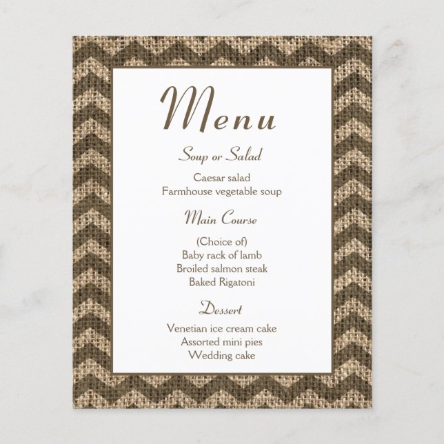 Cardápio de juta rústica com listras marrons e che (Frente)