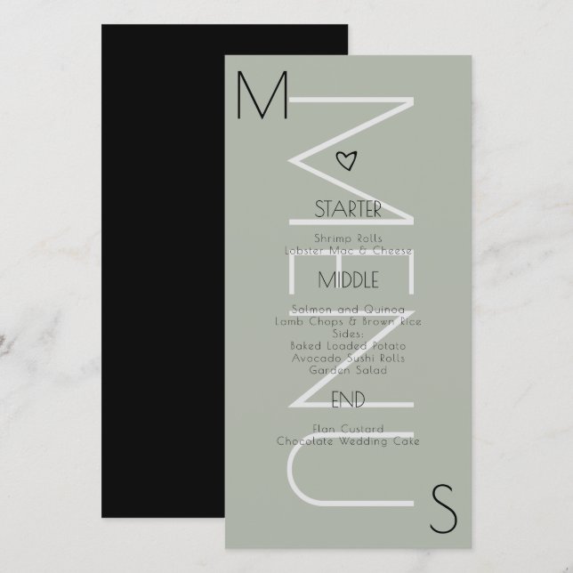 Cardápio de Noiva com Coração Monogramado Sage (Frente/Verso)