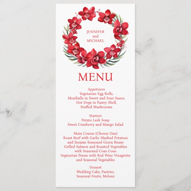 Cardápio de Orquídeas Vermelhas Menu de Casamento (Frente)