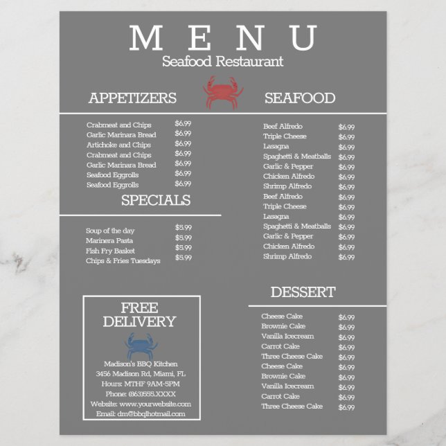 Cardápio de Restaurante de Frutos do Mar Grelhados (Frente)