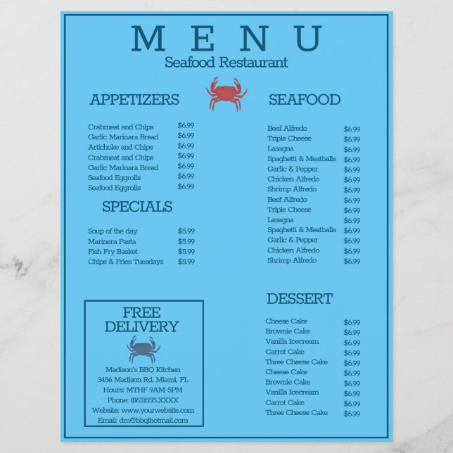 Cardápio de Restaurante de Mariscos Grelhados Mini (Frente)