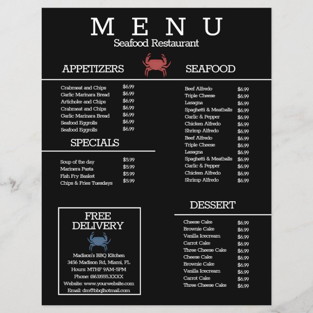 Cardápio de Restaurante de Mariscos Grelhados Mini (Frente)