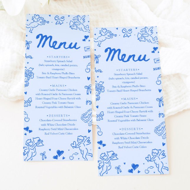 Cardápio de São Valentim com Corações Azuis Modern (Modern Blue Hearts Hand Drawn Valentine Menu)