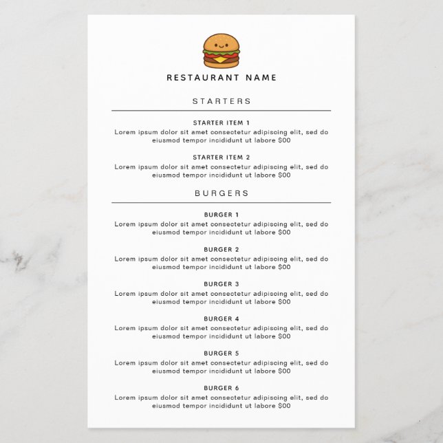 Cardápio do Restaurante Cute Burger (Frente)
