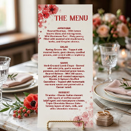 Cardápio Floral Vermelho Romântico, Menu de Casame