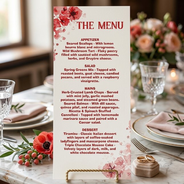 Cardápio Floral Vermelho Romântico, Menu de Casame (Criador carregado)