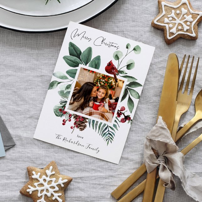 Cardinho Pássaro e Pinheiro Feliz Cartão com fotos (Criador carregado)