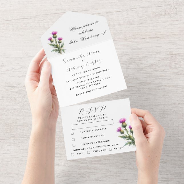 Cardo Casamento Floral Roxo Simples Escocês (Aba destacável)