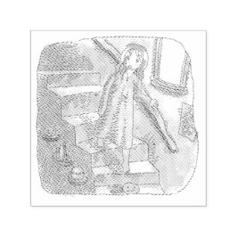 CARIMBO AUTO ENTINTADO さなさにじ  薄暗い水色の下り階段を手すりを持ってゆっくり歩いているワンピースの女性のイラスト