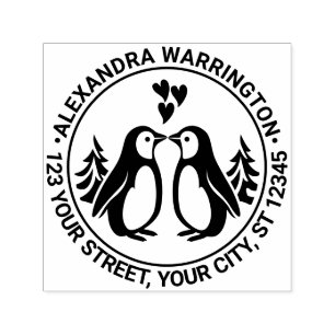 Carimbo Auto Entintado 2 Pinguins Beijando, Corações Nome Endereço de Ret