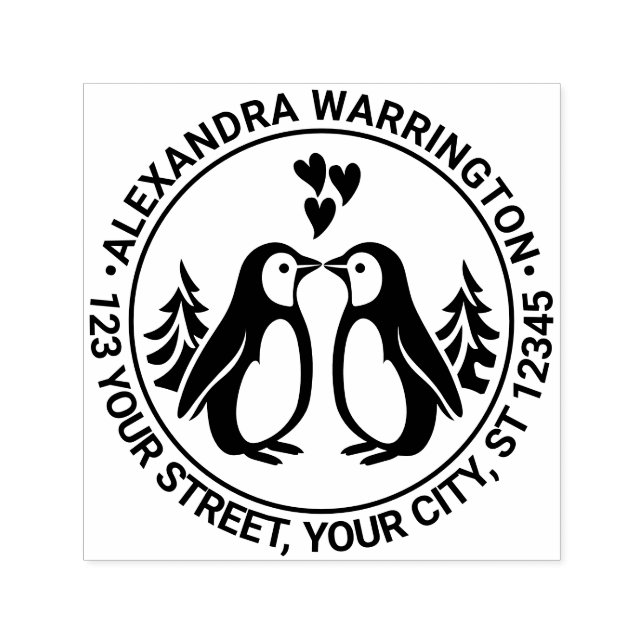 Carimbo Auto Entintado 2 Pinguins Beijando, Nome Coração Endereço de Reto (Design)