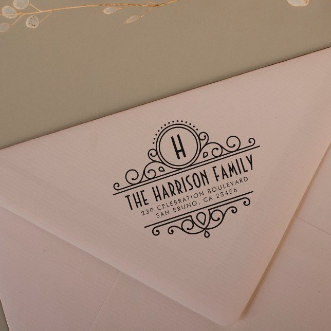 Carimbo Auto Entintado Art Deco Monograma | Nome personalizado e endereço (Criador carregado)