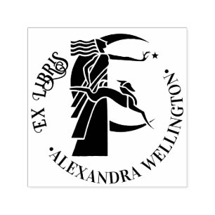 Carimbo Auto Entintado Art Deco Moon Goddese Dog Star Ex Libris Book Nome