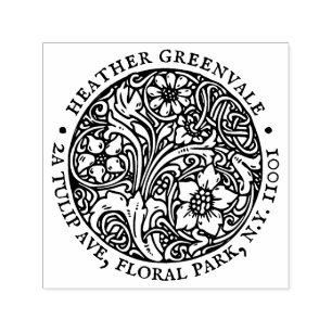 Carimbo Auto Entintado Art Nouveau Design Floral Endereço de Devolução