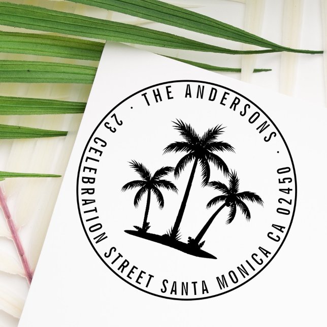 Carimbo Auto Entintado Árvores de Palma Modernas Redonda Nome da Família  (Criador carregado)