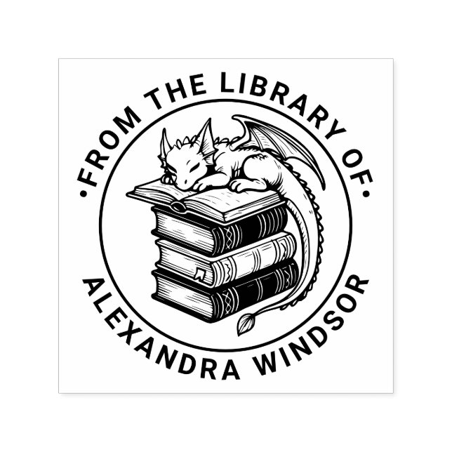 Carimbo Auto Entintado Bebê Dragão Dormindo no Livro Nome da Biblioteca d (Design)