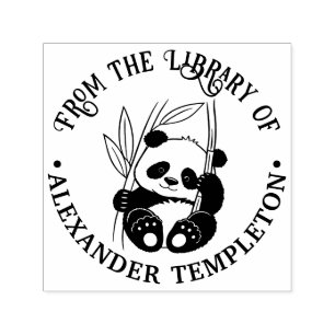 Carimbo Auto Entintado Bebê Panda Fofo com Nome do Livro da Biblioteca de