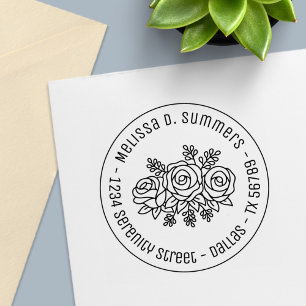 Carimbo Auto Entintado Belo Buquê das Flores Rosa Endereço redondo 3