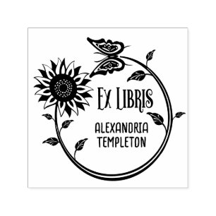 Carimbo Auto Entintado Borboleta de Girassol Ex Libris Biblioteca Nome