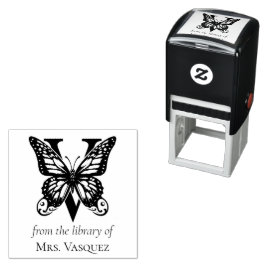 Carimbo Auto Entintado Borboleta Monograma da Letra V Da Biblioteca De